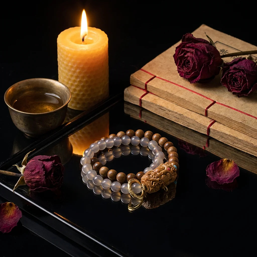 The Smoky Agate Double-Wrap with Carved Buddha & Pixiu