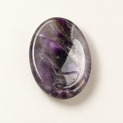 AI-styled illustration of one natural oval amethyst stone; colour and mineral patterns vary.